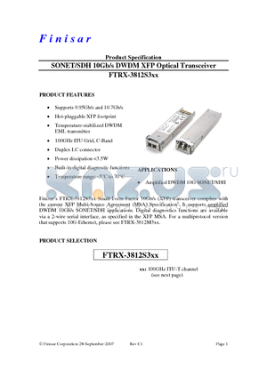 FTRX-3812S329 datasheet - SONET/SDH 10Gb/s DWDM XFP Optical Transceiver