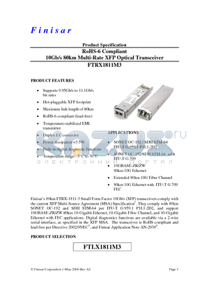 FTRX1811M3 datasheet - RoHS-6 Compliant 10Gb/s 80km Multi-Rate XFP Optical Transceiver
