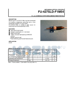 FU-427SLD-F1M54 datasheet - 1.3 um LD MODULE WITH SINGLEMODE FIBER PIGTAIL