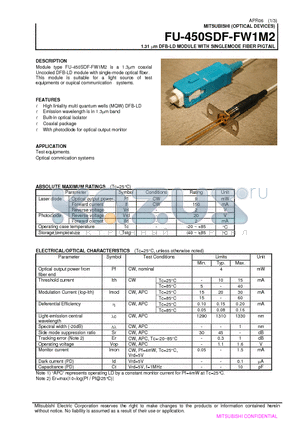 FU-450SDF-FW1M2 datasheet - 1.31 lm DFB-LD MODULE WITH SINGLEMODE FIBER PIGTAIL