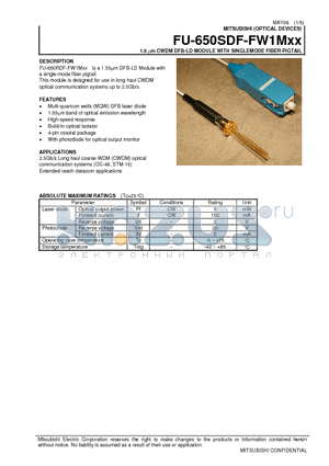 FU-650SDF-FW1M17 datasheet - 1.5 lm CWDM DFB-LD MODULE WITH SINGLEMODE FIBER PIGTAIL