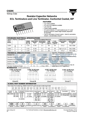 CS206 datasheet - Resistor/Capacitor Networks ECL Terminators and Line Terminator, Conformal Coated, SIP