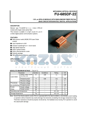 FU-68SDF-22 datasheet - 1.55 um DFB-LD MODULE WITH SINGLEMODE FIBER PIGTAIL (BIAS CIRCUIT INTEGRATED, DIGITAL APPLICATION)