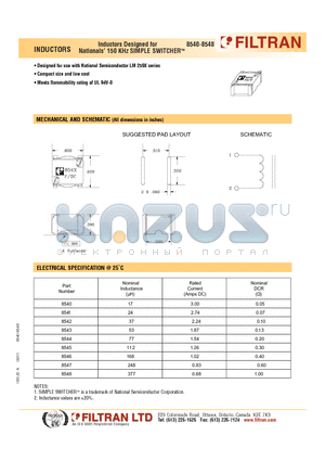 8543 datasheet - INDUCTORS Inductors Designed for Nationals 150 KHz SIMPLE SWITCHERTM