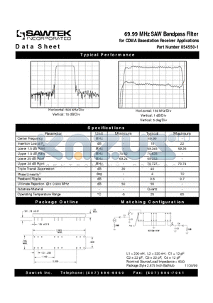 854550-1 datasheet - 69.99 MHz SAW Bandpass Filter for CDMA Basestation Receiver Applications Part Number 854550-1