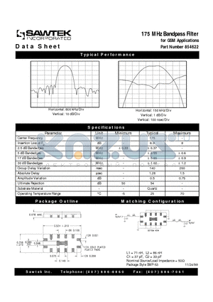 854622 datasheet - 175 MHz Bandpass Filter