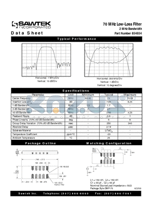 854654 datasheet - 70 MHz Low-Loss Filter