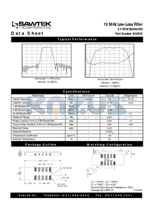 854655 datasheet - 70 MHz Low-Loss Filter