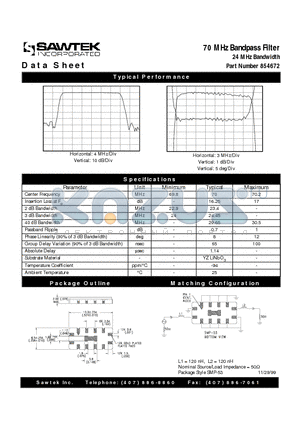 854672 datasheet - 70 MHz Bandpass Filter