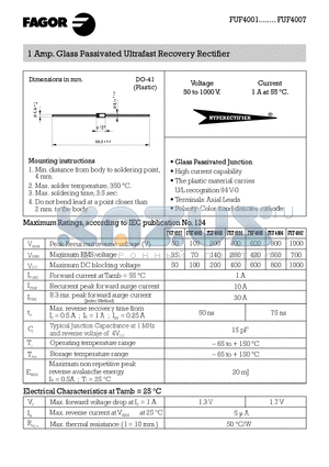 FUF4006 datasheet - 1 Amp. Glass Passivated Ultrafast Recovery Rectifier