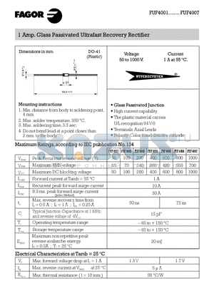 FUF4007 datasheet - 1 Amp. Glass Passivated Ultrafast Recovery Rectifier