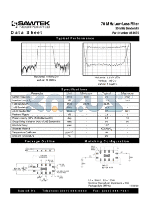 854675 datasheet - 70 MHz Low-Loss Filter