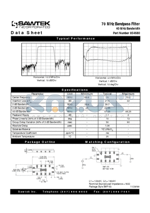 854680 datasheet - 70 MHz Bandpass Filter