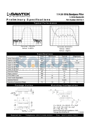 854733-1 datasheet - 114.99 MHz Bandpass Filter