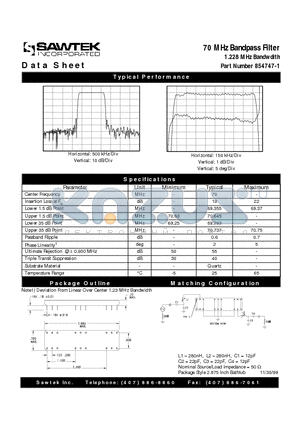 854747-1 datasheet - 70 MHz Bandpass Filter