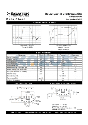854913 datasheet - Std Low-Loss 140 MHz Bandpass Filter