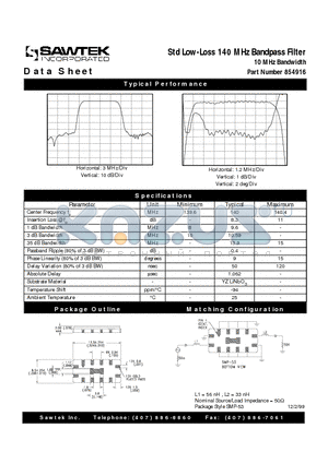 854916 datasheet - Std Low-Loss 140 MHz Bandpass Filter