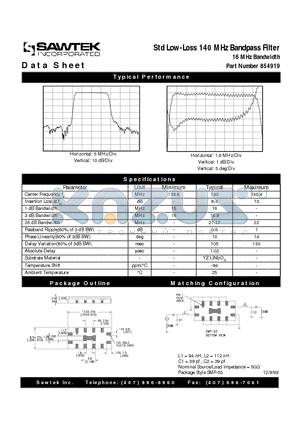 854919 datasheet - Std Low-Loss 140 MHz Bandpass Filter