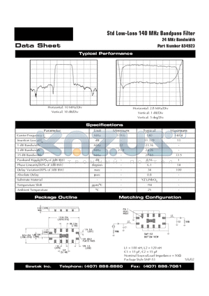854923 datasheet - Std Low-Loss 140 MHz Bandpass Filter