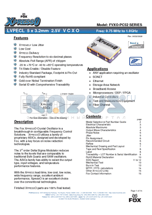 FVXO-PC52BR datasheet - LVPECL 5 x 3.2mm 2.5V VCXO
