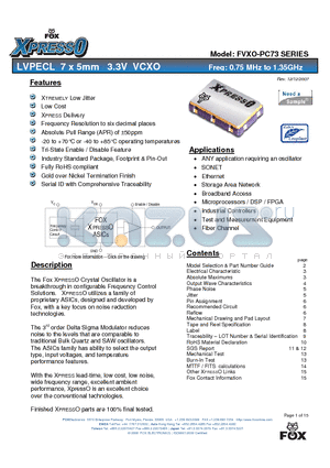 FVXO-PC73 datasheet - LVPECL 7 x 5mm 3.3V VCXO