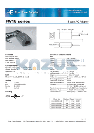 FW1824-760-NC datasheet - 18 Watt AC Adapter