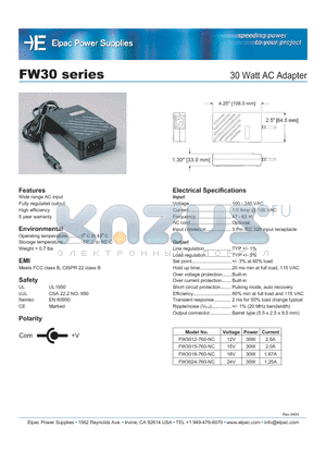 FW3012-760-NC datasheet - 30 Watt AC Adapter