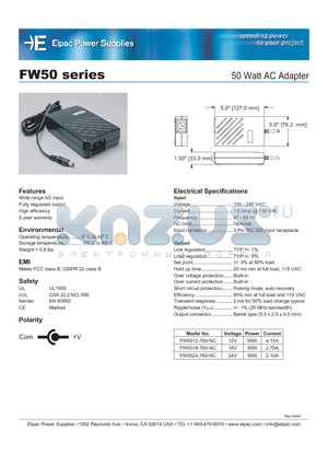 FW5012-760-NC datasheet - 50 Watt AC Adapter