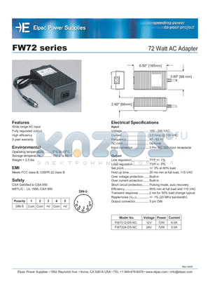 FW72 datasheet - 72 Watt AC Adapter