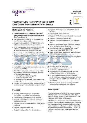FW801BF datasheet - Low-Power PHY 1394a-2000 One-Cable Transceiver/Arbiter Device