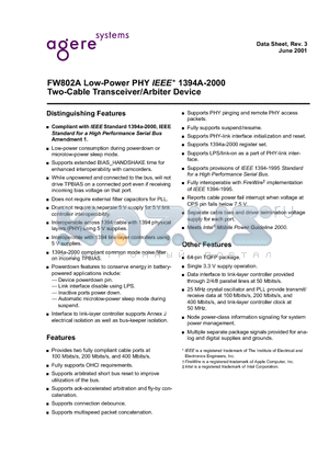 FW802 datasheet - Low-Power PHY IEEE 1394A-2000 Two-Cable Transceiver/Arbiter Device