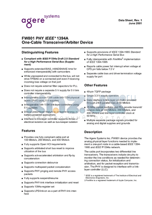 FW801 datasheet - One-Cable Transceiver/Arbiter Device