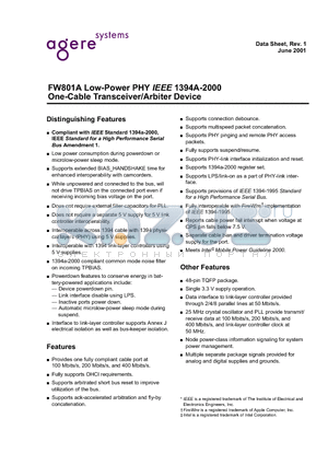 FW801A datasheet - Low-Power PHY IEEE 1394A-2000 One-Cable Transceiver/Arbiter Device