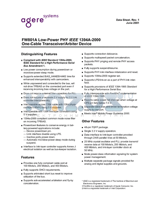 FW801A-DB datasheet - Low-Power PHY IEEE 1394A-2000 One-Cable Transceiver/Arbiter Device