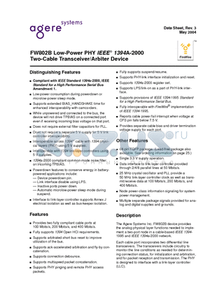 FW802B datasheet - Low-Power PHY IEEE^ 1394A-2000 Two-Cable Transceiver/Arbiter Device