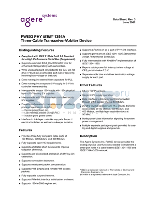 FW803 datasheet - PHY IEEE 1394A Three-Cable Transceiver/Arbiter Device
