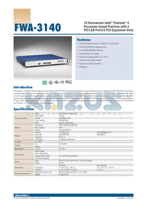 FWA-3140 datasheet - 1U Rackmount Intel^ Pentium^ 4 Processor-based Platform with 4 PCI LAN Ports/2 PCI Expansion Slots