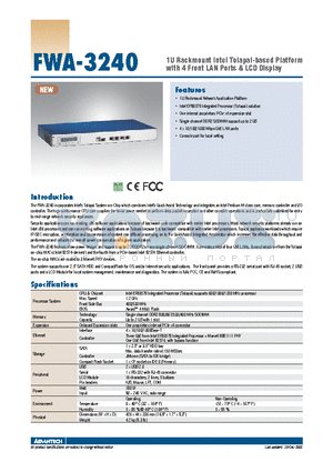 FWA-3240E10E datasheet - 1U Rackmount Intel Tolapai-based Platform with 4 Front LAN Ports & LCD Display