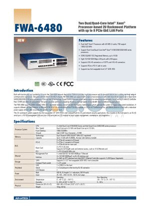 FWA-6480 datasheet - Two Dual/Quad-Core Intel^ Xeon^ Processor-based 2U Rackmount Platform with up to 8 PCIe GbE LAN Ports