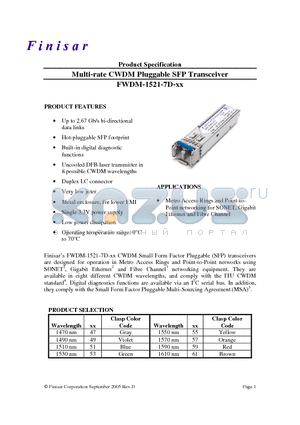 FWDM-1521-7D-47 datasheet - Multi-rate CWDM Pluggable SFP Transceiver