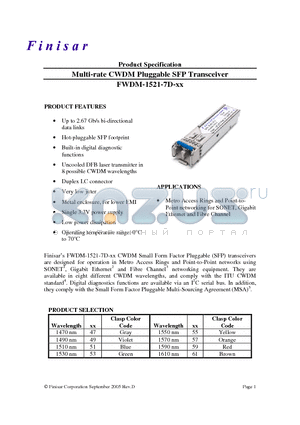 FWDM-1521-7D-57 datasheet - Multi-rate CWDM Pluggable SFP Transceiver