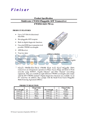 FWDM-1621-7D-47 datasheet - Multi-rate CWDM Pluggable SFP Transceiver