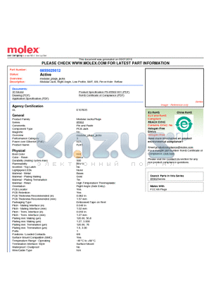 85502-5012 datasheet - Modular Jack, Right Angle, Low Profile, SMT, 8/8, Pin-in-Hole- Reflow