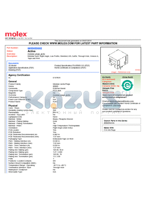 85505-5002 datasheet - Modular Jack, Right Angle, Low Profile, Shielded, 8/8, Cat5e, Through Hole, Version A, Tape and Reel