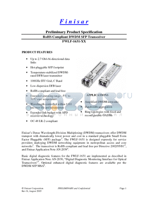 FWLF-1631-23 datasheet - RoHS Compliant DWDM SFP Transceiver