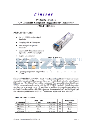 FWLF15197D47 datasheet - CWDM RoHS Compliant Pluggable SFP Transceiver