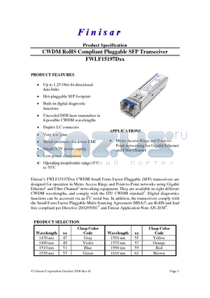 FWLF15197D49 datasheet - CWDM RoHS Compliant Pluggable SFP Transceiver