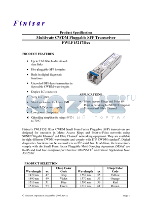 FWLF15217D57 datasheet - Multi-rate CWDM Pluggable SFP Transceiver