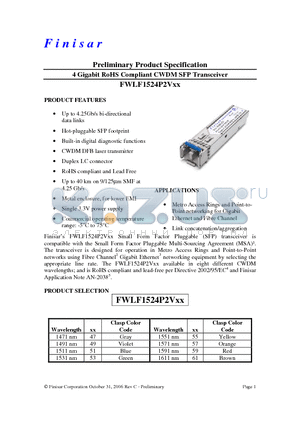 FWLF1524P2V47 datasheet - 4 Gigabit RoHS Compliant CWDM SFP Transceiver