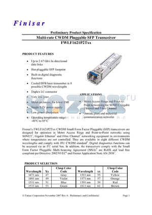 FWLF1621P2T49 datasheet - Multi-rate CWDM Pluggable SFP Transceiver